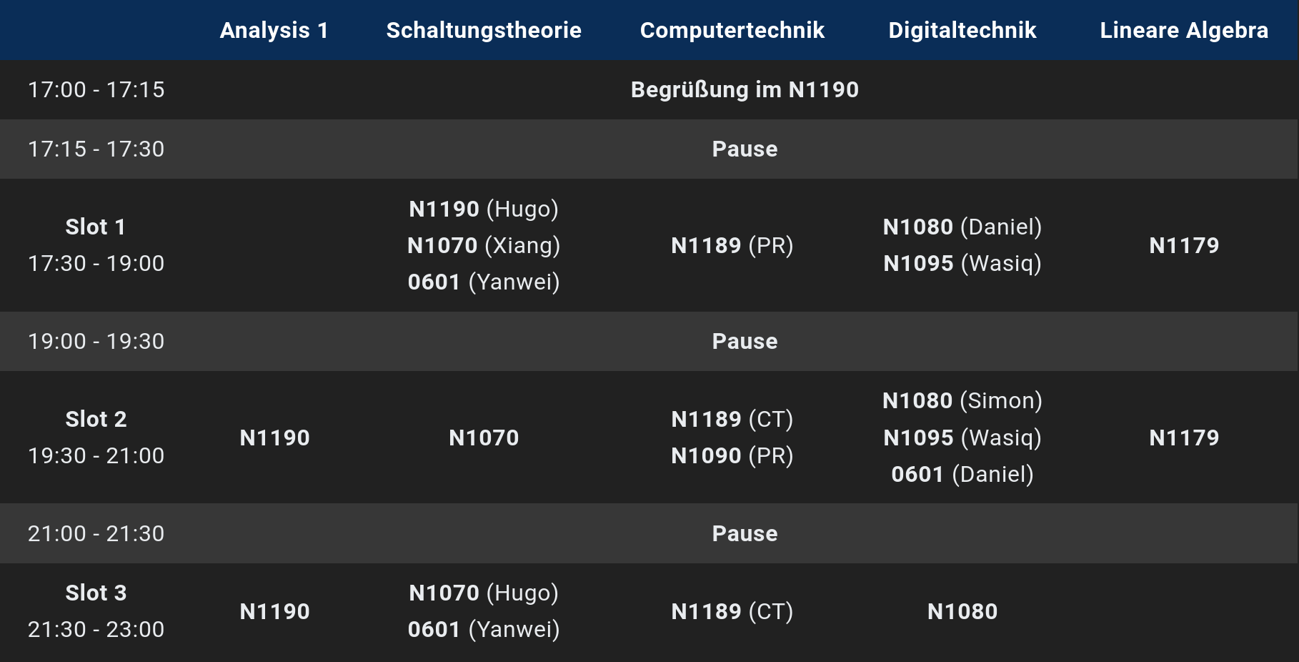 Zeitplan zur Lernnacht am 23. Januar 2026, beginn 17 Uhr im Hörsaal N1190
